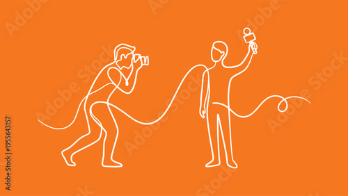 Continuous Line Drawing of Journalist with Microphone and Photographer