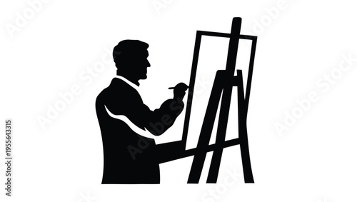 A minimalist vector graphic of a man painting on an easel