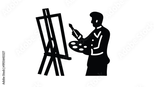A minimalist vector graphic of a painter at work, creating art on an easel with a paintbrush and palette.