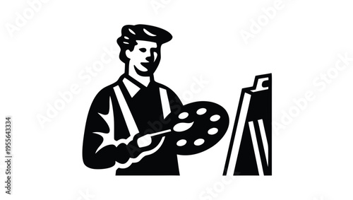 A minimalist vector illustration of a painter standing with an easel and palette