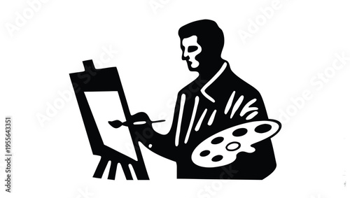 A minimalist vector illustration of a man painting on an easel with a palette