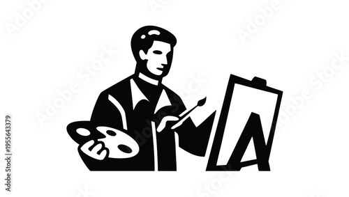 A minimalist vector illustration of a painter at work with an easel and palette