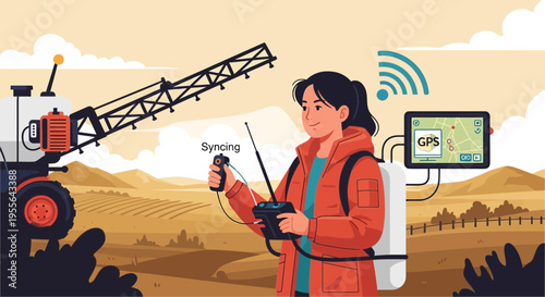 Woman operating advanced agricultural technology with GPS guidance.