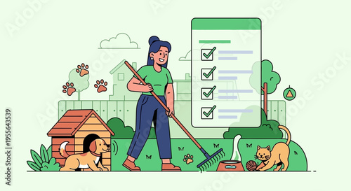 Woman Raking Yard with Dog and Cat Checklist.