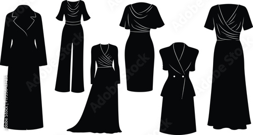 Collection of six elegant women's fashion silhouettes, black vector icons of evening gowns, dresses, and long coats isolated on white.