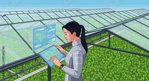 Woman using futuristic tablet in greenhouse technology.