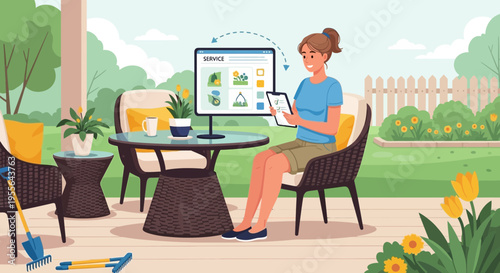 Woman using tablet and computer on patio with garden tools.