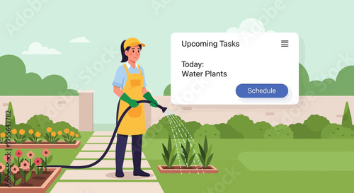 Woman watering plants in garden with hose.