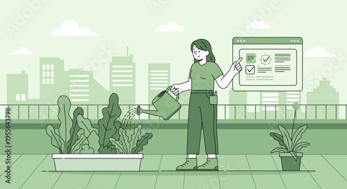 Woman watering plants on rooftop with cityscape background.