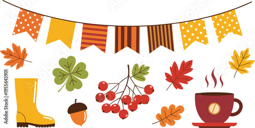 Autumn decorative set with bunting leaves boots berries coffee cup and seasonal cozy elements illustration