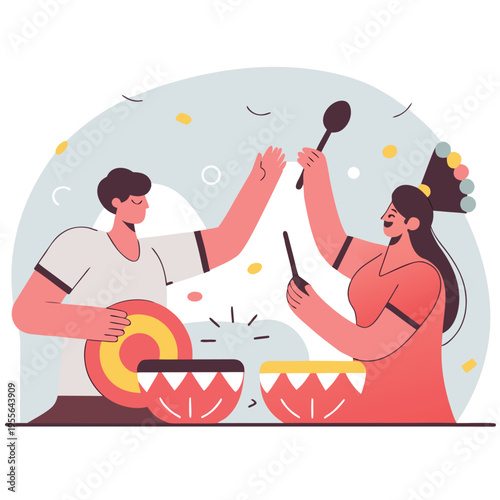 Vector illustration of people playing drums, musical instruments, happy couple, music making, colorful flat design