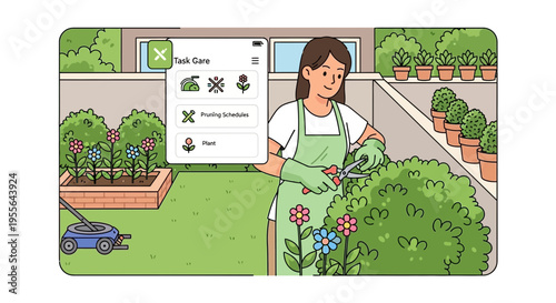 Young woman tending to garden with scissors.