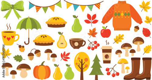 Autumn elements collection with pumpkin leaves sweater boots pies mushrooms and cozy fall season illustration set