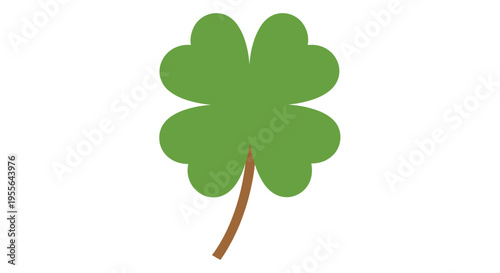 A vibrant green four leaf clover with a brown stem against a white background