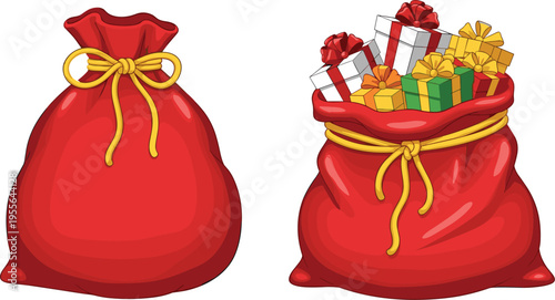 Santa gift bag set with empty and filled sack with presents Christmas holiday illustration collection