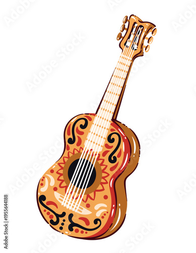 Mariachi guitar with floral ornament, painted wooden body and acoustic strings. Traditional music symbol and mexican mariachi guitar in drawn simple modern style, vector illustration