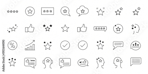 Comprehensive Set of User Experience and Customer Feedback Line Icons, Featuring Star Ratings, Thumbs Up, Review Bubbles, and Satisfaction Metrics for Digital Platforms