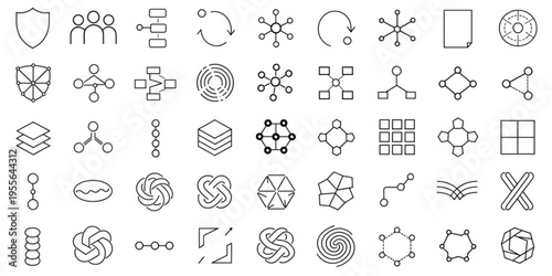 Abstract line vector icons for data structures, network connections, security concepts, and technological systems in modern digital design