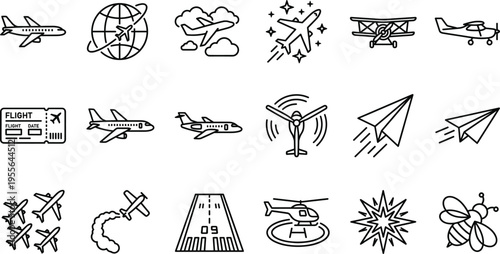 Aviation outline icons set with airplane helicopter runway ticket paper plane and travel symbols illustration collection