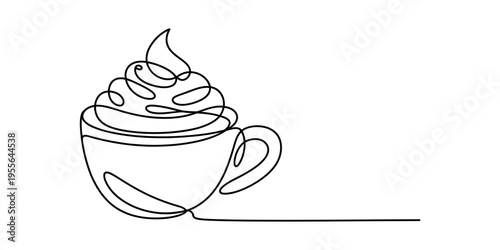 Minimalist continuous line drawing of a cup of coffee with a swirl of whipped cream on the top Vector, illustration
