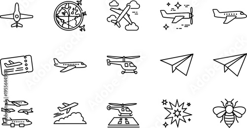 Air travel icons set with airplane tickets navigation compass paper plane helicopter and flight symbols illustration
