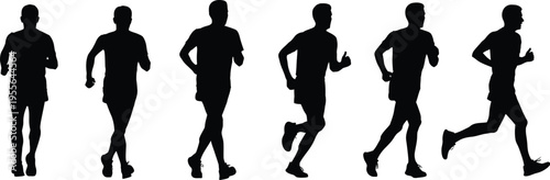 Collection of six male runner silhouettes, black vector icons of athletes jogging in sequence from left to right isolated on white.