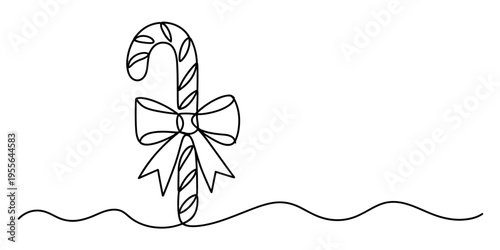 A single continuous line drawing of a festive christmas candy cane decorated with a pretty bow Vector, illustration