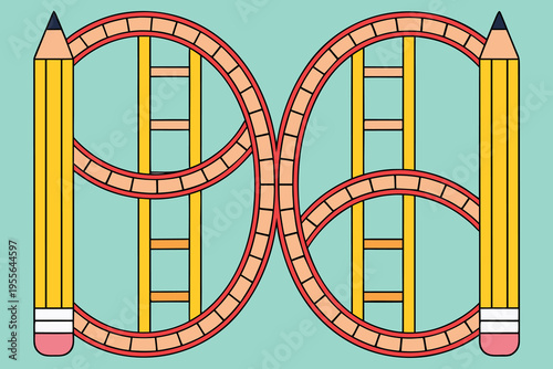 Interconnected railroad tracks with pencils on a green background