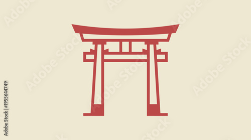 Minimalist vector illustration of a traditional Japanese red torii gate, a sacred symbol representing Shinto shrines and cultural heritage, on a simple light beige background