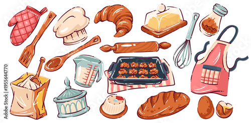 Baking tools and pastry set with rolling pin, whisk, measuring cup, apron, butter dish, bread loaf, croissant, chef hat, sugar bowl and oven tray. Bakery kitchen set, cartoon vector illustration.