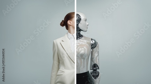AGI and superintelligence concept with cyborg split face, AI alignment and future human machine evolution
