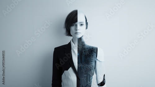 Cybernetics and transhumanism concept with split face cyborg portrait, posthuman identity and bionic future