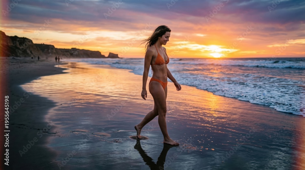 Fototapeta premium Beautiful young woman in an orange bikini walking gracefully along the reflective wet sand of a beach at sunset, with golden hour light illuminating the sky and ocean.