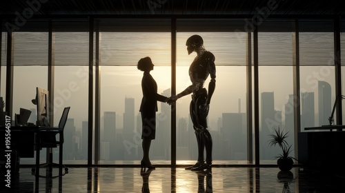 Business partnership between human and humanoid robot, AI collaboration in corporate office