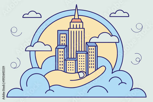 Hand holding cityscape with clouds and sun buildings