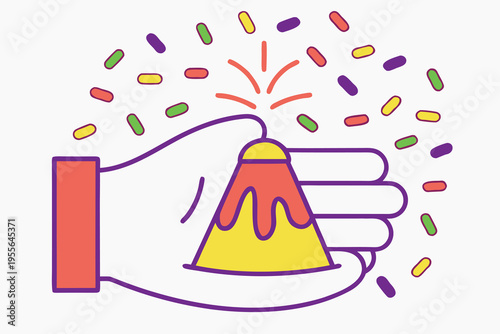 Hand holding a yellow and red party popper with colorful confetti on a white background