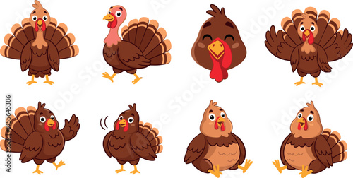 Cute cartoon turkey character set with different poses expressions and emotions isolated brown bird mascot collection for thanksgiving holiday illustration design