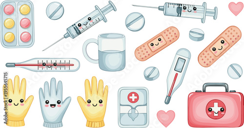 Cute Healthcare and Medical Supplies Collection Vector Illustration Featuring Syringe Thermometer Pills Bandage Gloves and First Aid Kit in Cartoon Style