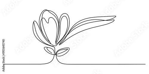 Minimalist single continuous line drawing of a blooming flower with delicate petals and leaves Vector, illustration