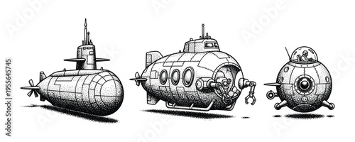 Submarine vector vessel underwater transport ocean exploration boat collection