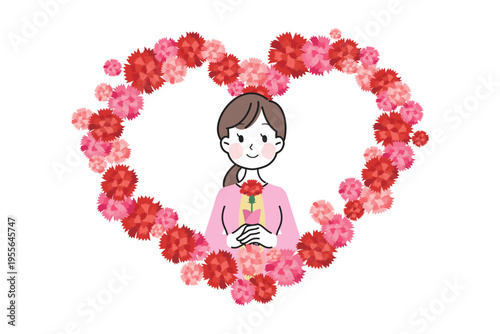 Illustration of a mother receiving carnations on HAPPY Mother’s Day,  A heart-shaped frame made of red and pink carnations