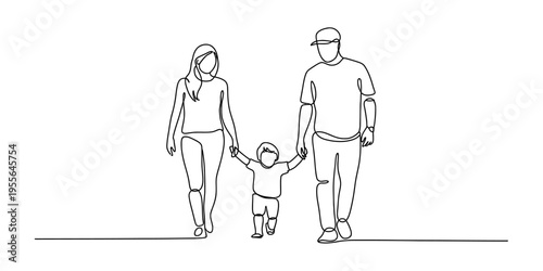 A single continuous line drawing of a happy family consisting of a mother father and young child Vector, illustration