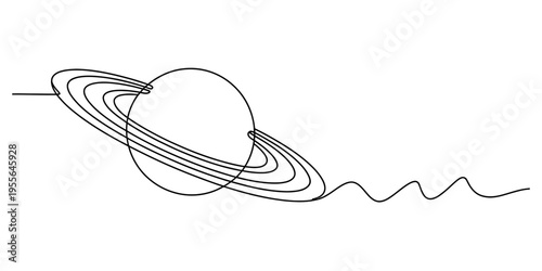 A continuous single line drawing of the planet saturn featuring rings and a decorative wavy tail Vector, illustration