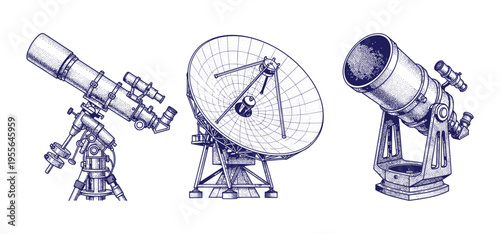 Astronomical observation equipment including telescope and radio antenna vector set