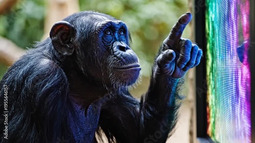 chimpanzee looking at colorful glass panel.