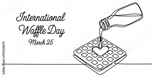 Continuous line drawing of a delicious waffle being topped with syrup for international waffle day Vector, illustration
