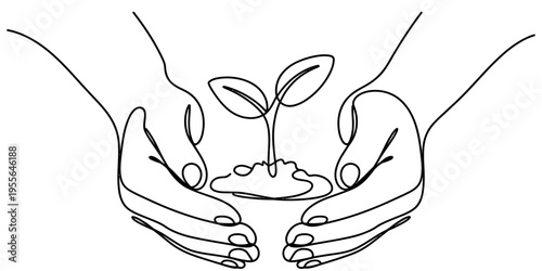 A minimalist single line drawing of two hands gently cupping a small green sprout in the soil Vector, illustration