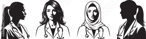 Half body of female doctor wearing stethoscope silhouette vector illustration
