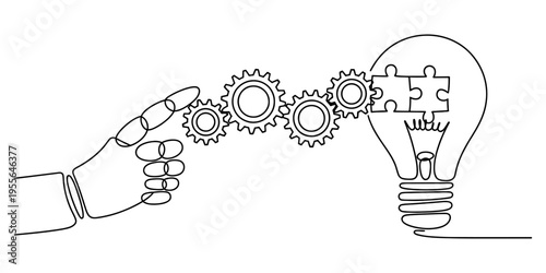 A continuous line drawing of a robotic hand activating gears connected to a glowing light bulb idea