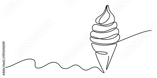 A minimalist single line drawing of a delicious soft serve ice cream cone on a white background
